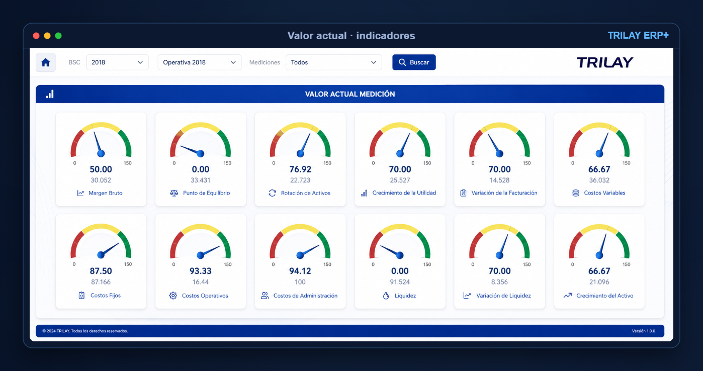 TRILAY ERP+ gauge-type strategic indicators with current values, status indicators and alerts by measurement.